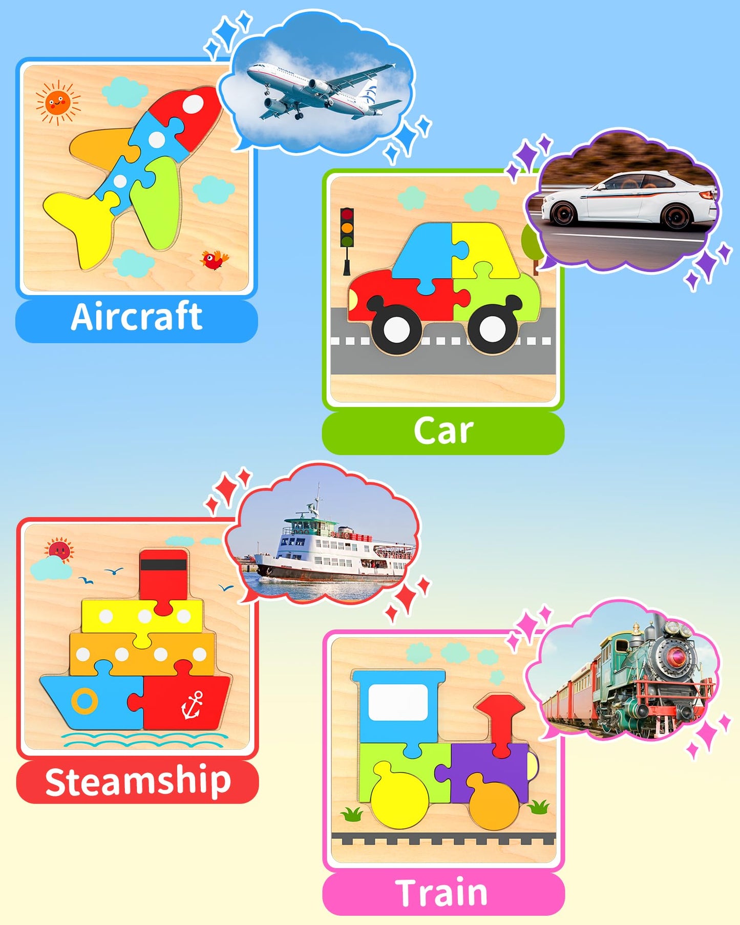 Wooden Puzzles Toddler Toys For 1 2 3 Years Old Boys Girls, 4 Vehicle Shape Learning Educational Blocks Birthday Gifts Sensory T