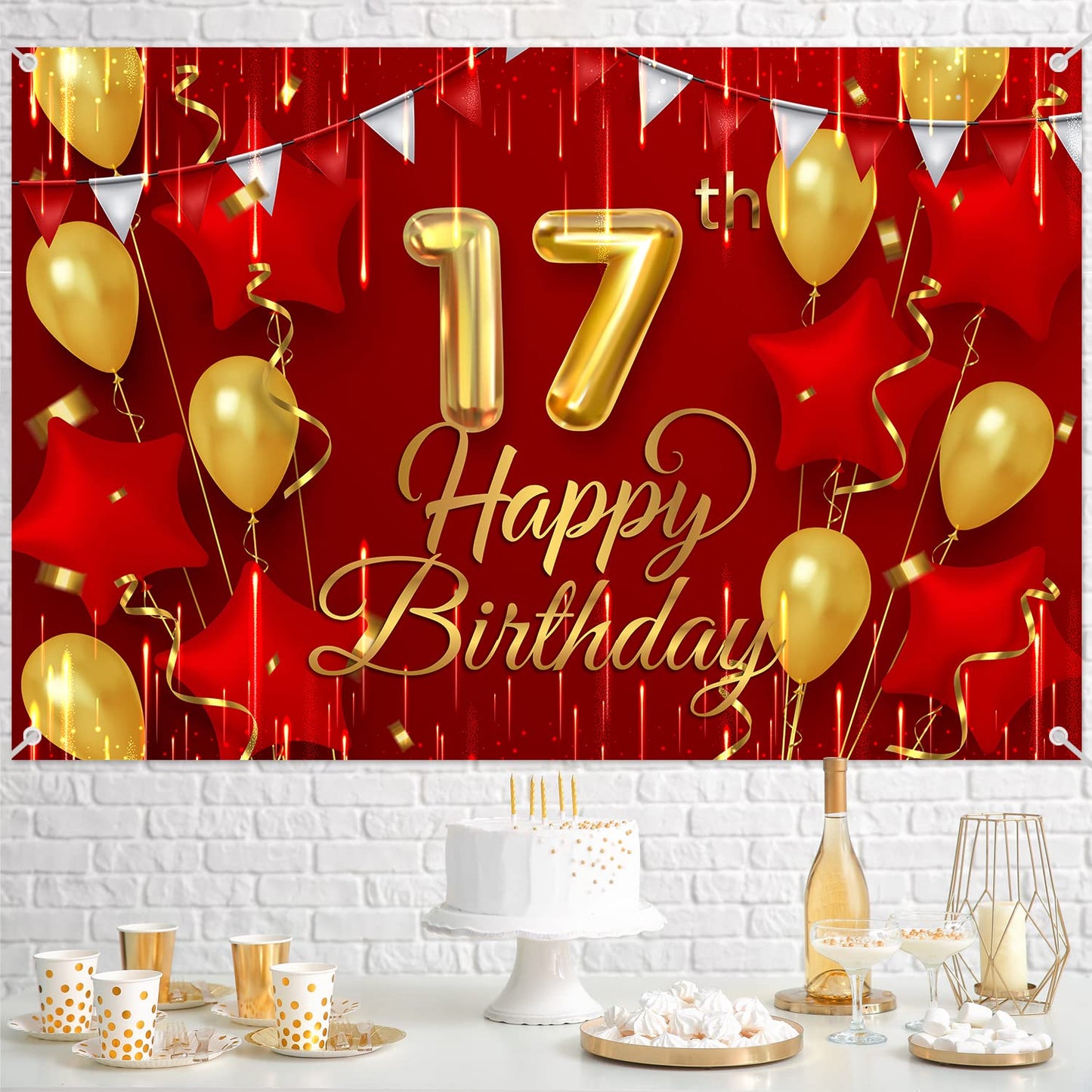 17Th Birthday Backdrop Banner Decorations Red And Gold For Boys Girls Happy 17 Years Old Bday Background Photography Party Decor Sign Supplies