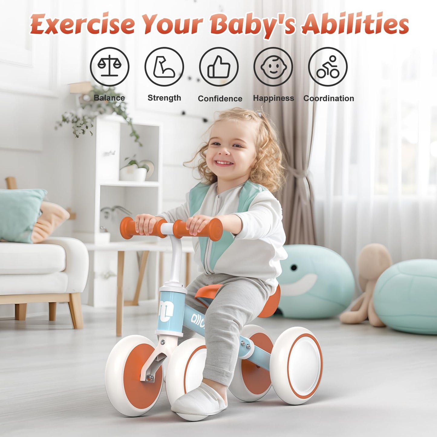 Allobebe Baby Balance Bike For 1 Year Old, Toddler Balance Bike, No Pedal Infant 4 Wheels Baby Walker First Birthday Gift, Mini