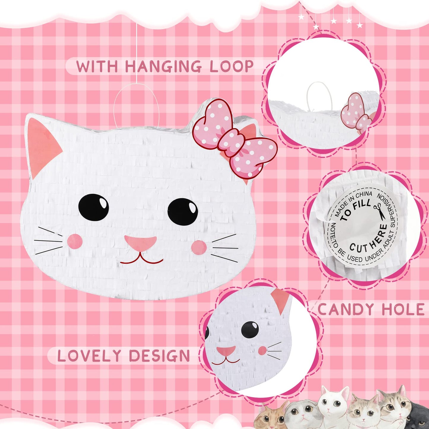 Cat Piñata Cat Birthday Party Supplies Kitty Cat Piñatas For Birthday Party Cat Party Decorations With Blindfold Bat And Confetti For Party Baby Shower Decors, 14.5 X 11.8 X 2.7 Inch, Pink And White