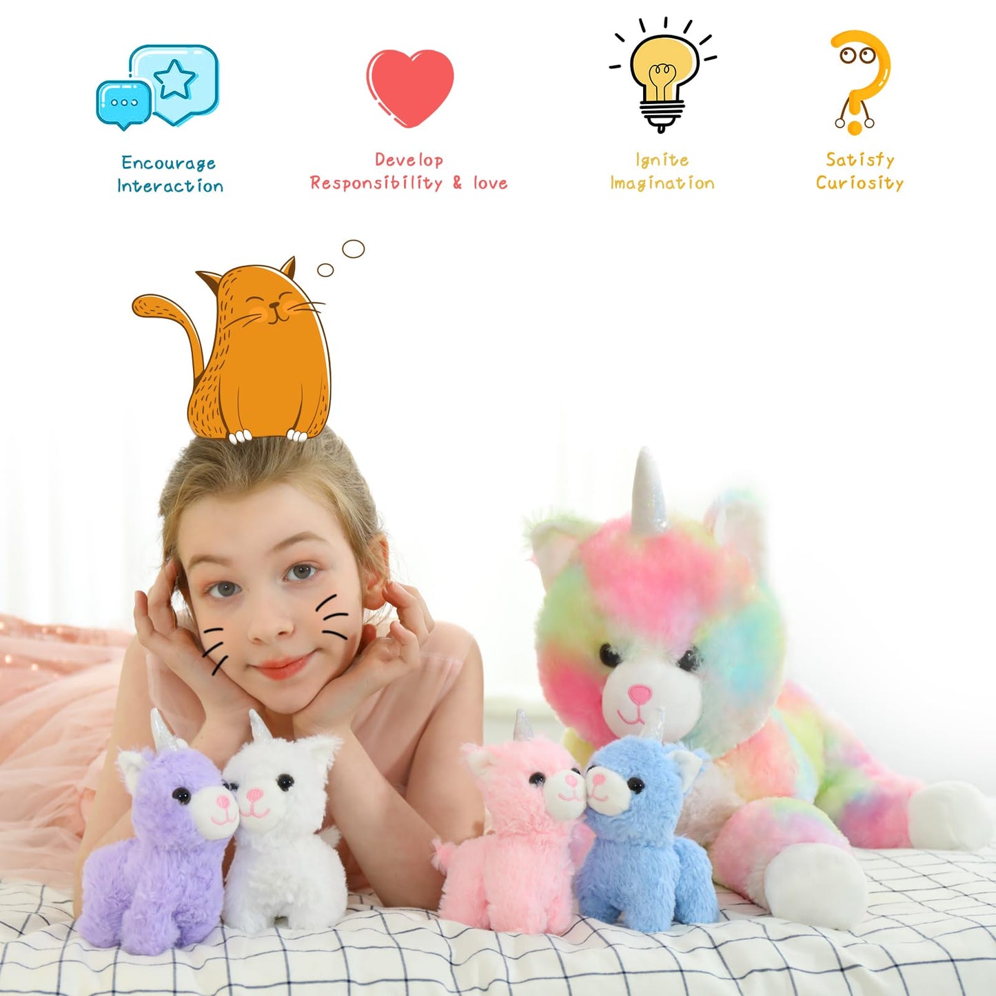 Morismos Unicorn Kitty Cat Stuffed Animal With Caticorn Babies, 22'' Mommy Cat And 4 Baby Kitten Stuffed Animals, Rainbow Cat Unicorn Plush Pillow, Kitty Unicorn Toy For Girls Boys Birthday Gift
