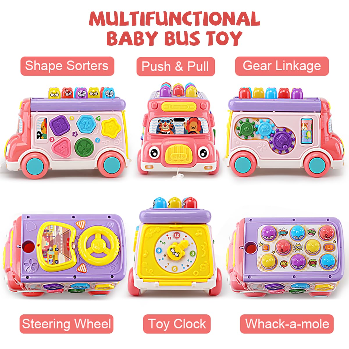 Music Activity Bus Baby Toy, Infant Education Learn Car, Sound & Light, Interactive Game, Shape Sorter, Animal Matching, Holiday Birthday Present For Toddler Kid Boy Girl 3 4 5 6 7 Years (Pink)