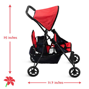 Hushlily® Tandem Double Doll Stroller With Adjustable Canopy & Basket, Foldable, With Smooth Rolling Wheels (Red & Blue)