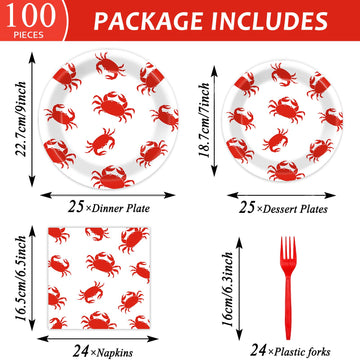 Qyeahkj 100 Pcs Crab Party Decoration Crab Boil Party Paper Plate Napkin Fork Set Summer Crab Dinnerware Tableware Crab Seafood
