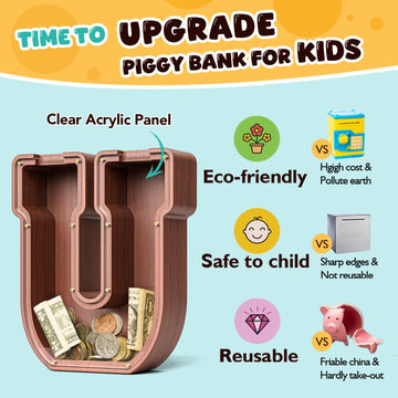 Summidate Wooden Letter Piggy Bank Extra Thick Large Capacity Piggy Bank for Kids Boys Girls Toddler Alphabet U Money Bank| Coin Box Birthday Christmas Festival