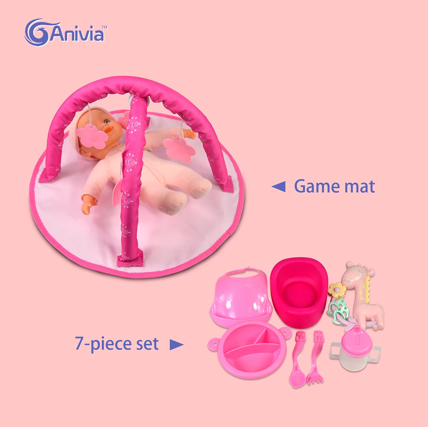 Anivia 5Pcs Baby Doll Stroller Set - Baby Doll Accessories Set Includes Doll Stroller/Doll Crib/Play Mat/Feeding Toy/Diaper Bag, Nursery Role Play Set (11' Doll Included)