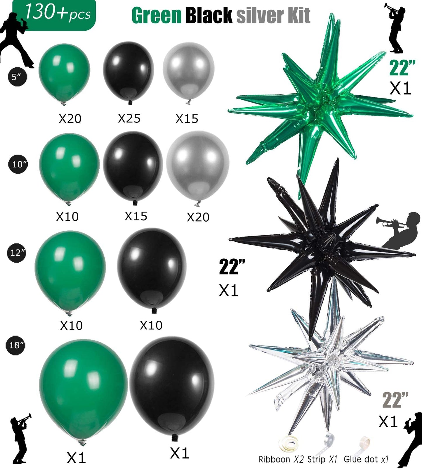 Black And Green Silver Balloon Balloon Garland Kit 130Pcs Forest Green Chrome Silver Large Starburst Foil Hunter Green Balloons