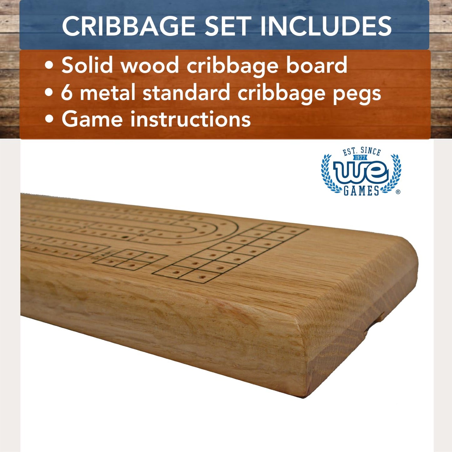 We Games Classic Cribbage Board Set, 2 Track Solid Oak Wood Board With Metal Pegs, Family Games, Living Room Decor, Travel Games, Outdoor Games, Birthday Gifts, 2 Player Games, Bar Games, Card Games