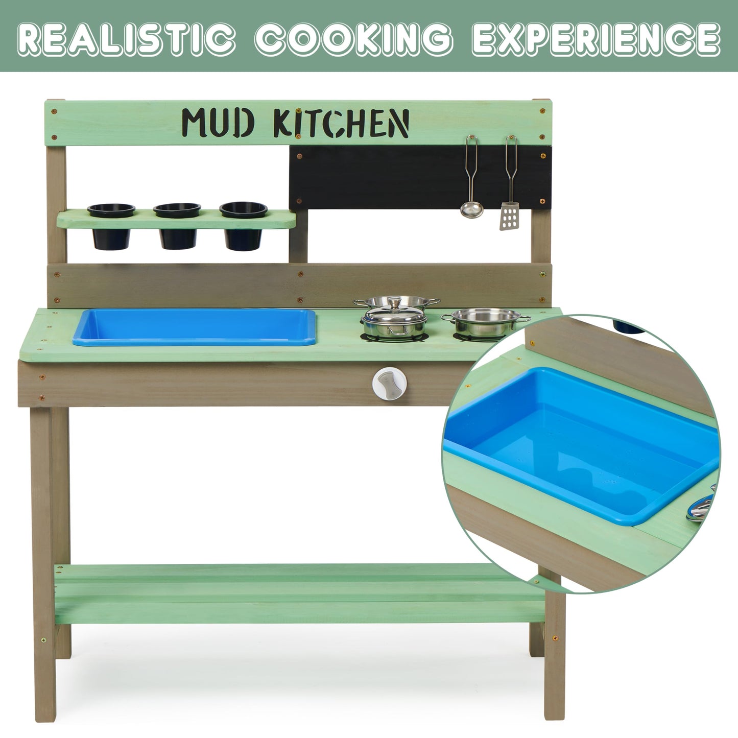 Mederra Kids Play Kitchen, Wood Mud Kitchen with Water Play Set & Cooking Toys for Outdoor, Gift for 3~8