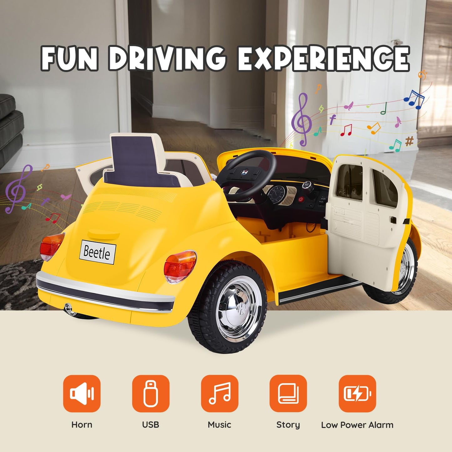 Xcar 12V Electric Car For Toddlers, Ride On Car With Remote Control, Led Light, 3 Speeds, Music, Bluetooth, 3-5 Years Old, Yello