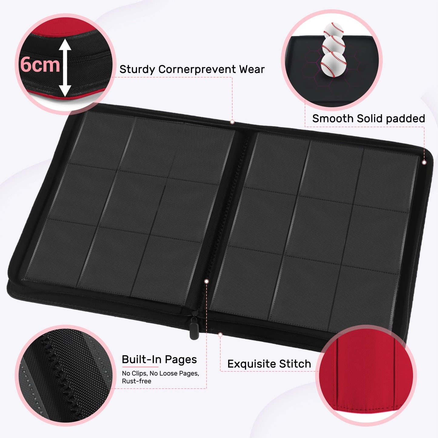 Zofly 9 Pocket Trading Card Zip Binder 540 Cards enhanced Baseball Card Storage Album 30 Side-Loading Pages Folder for Collectible Games Sports TCG Red