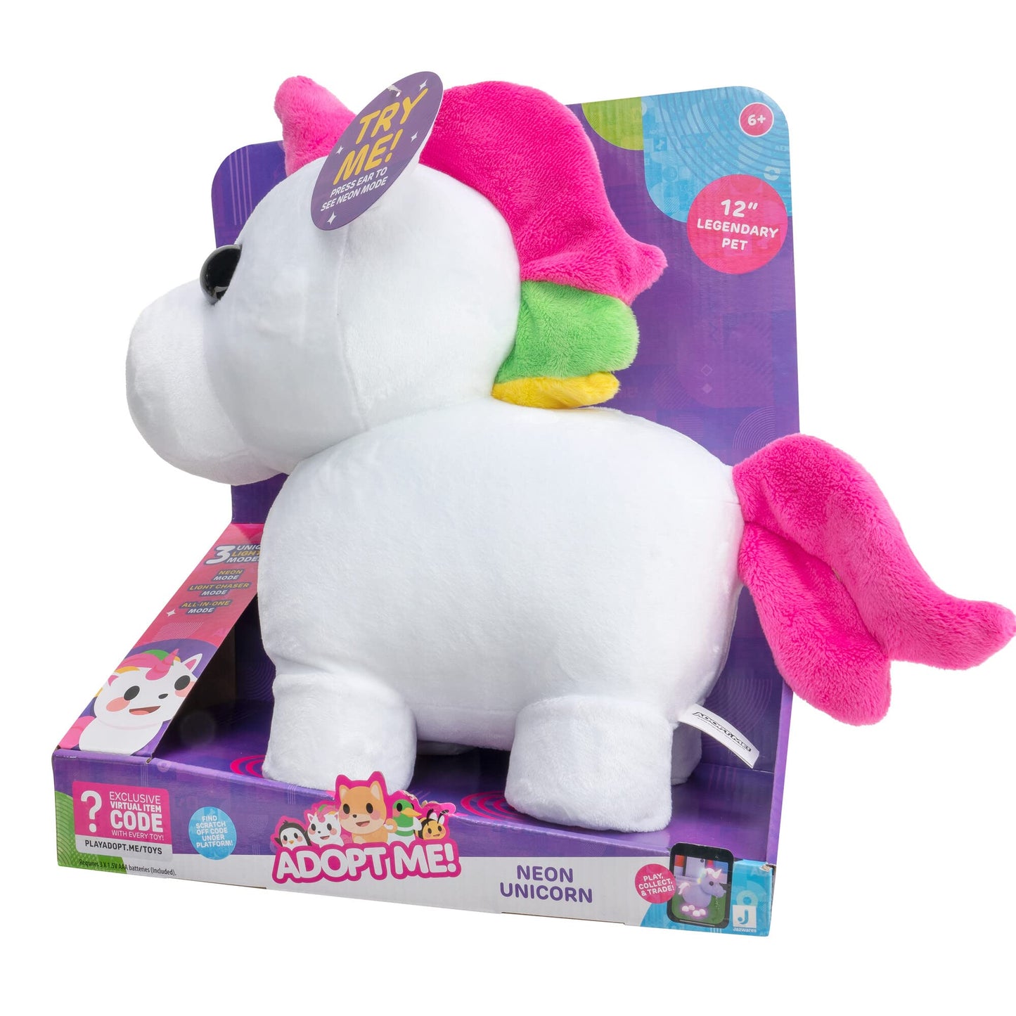 Adopt Me! Neon Unicorn Light-Up Plush, 12 Inch, Soft Cuddly Toy with 3 Light Modes, Exclusive Virtual Item Code, Ages 6+