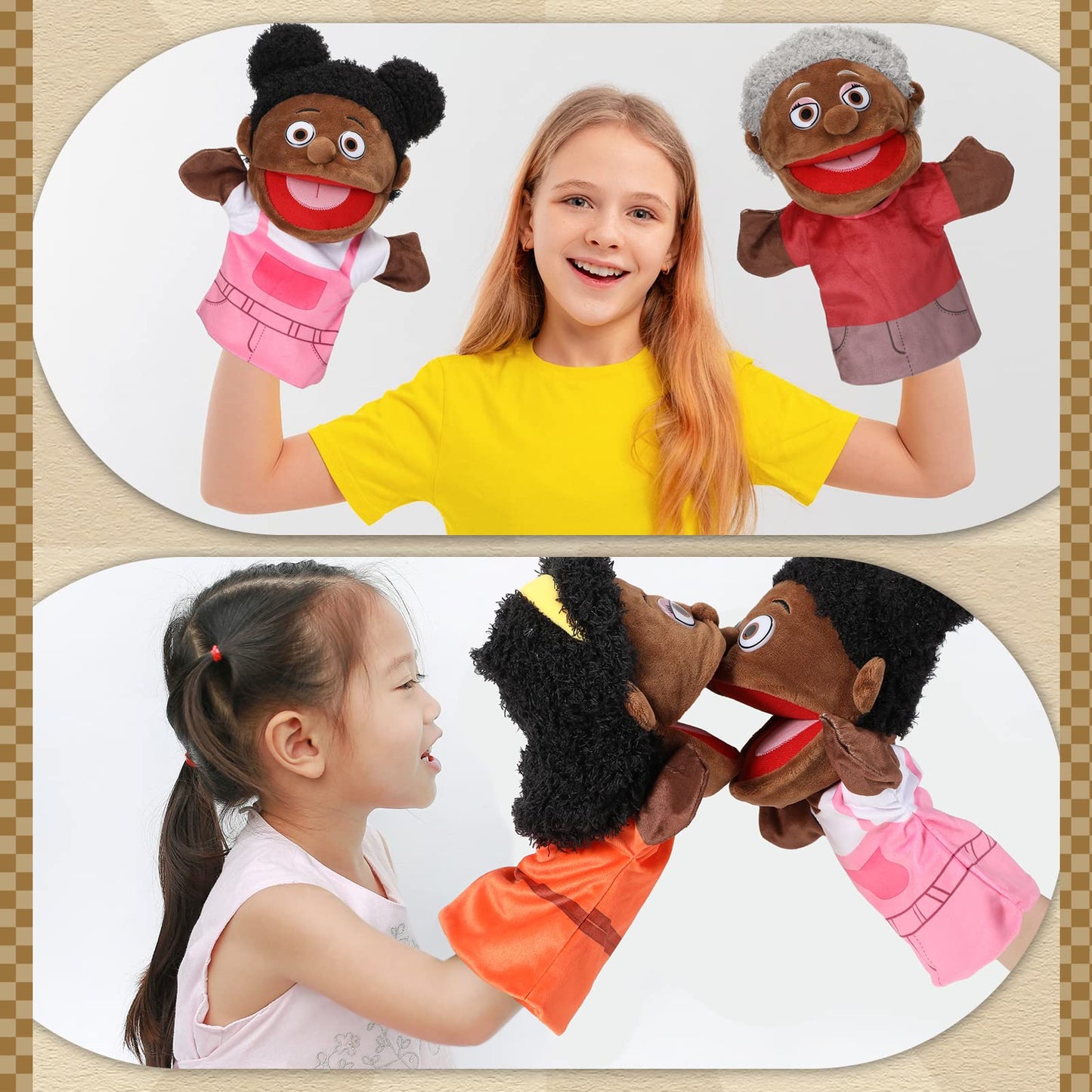 Lenwen 6 Pcs Family Hand Puppet Set 11.8 Inch Family Members Puppets With Movable Mouth Soft Plush Hand Puppet For Boys And Girls Teens Storytelling Play School Teaching Preschool (African American)