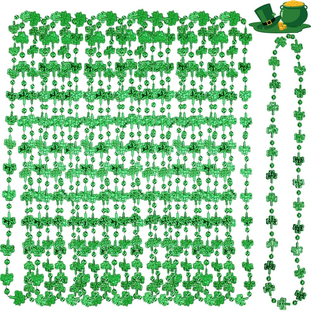Dinesil 20 Pcs Shamrock Bead Green Necklace For Kids And Adults St. Patrick'S Day Decorations, Green Clover Shamrock Accessories