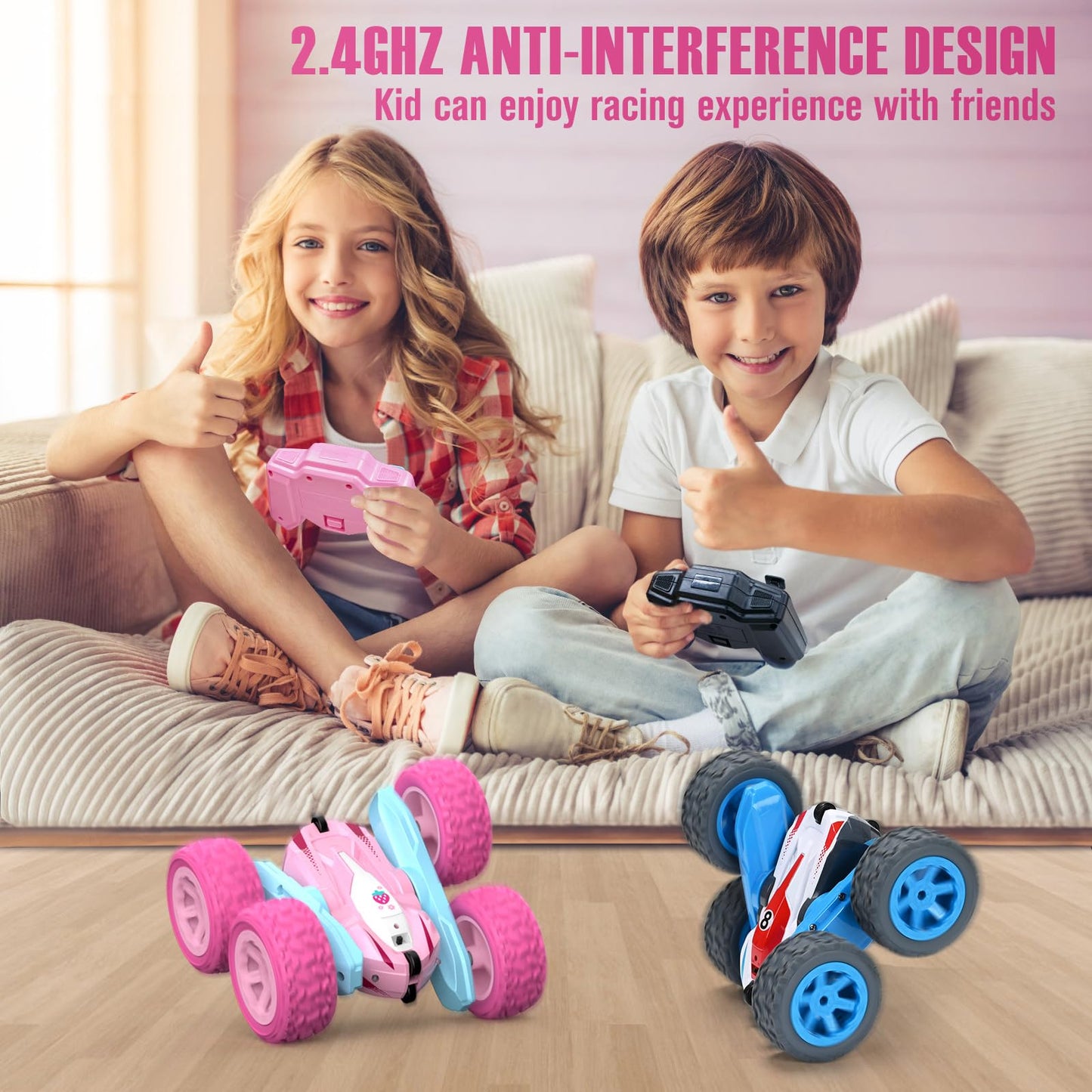 NUOKE Remote Control Car, Pink RC Cars for Girls, Rechargeable RC Truck, 2.4Ghz Double Sided 360 Rotating Stunt Car Toy with Hea