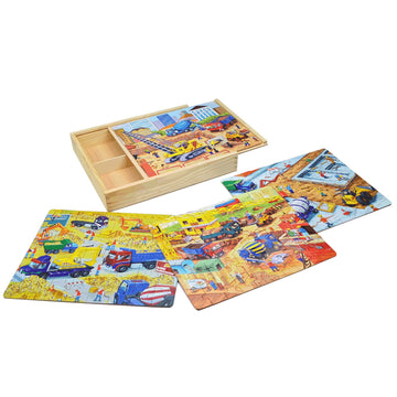 Wooden Puzzles For Kids Ages 4-8, Construction Sites Vehicles 4-In-1 Jigsaw Puzzles In A Wood Storage Box, 24 48 60 88 Pieces Co