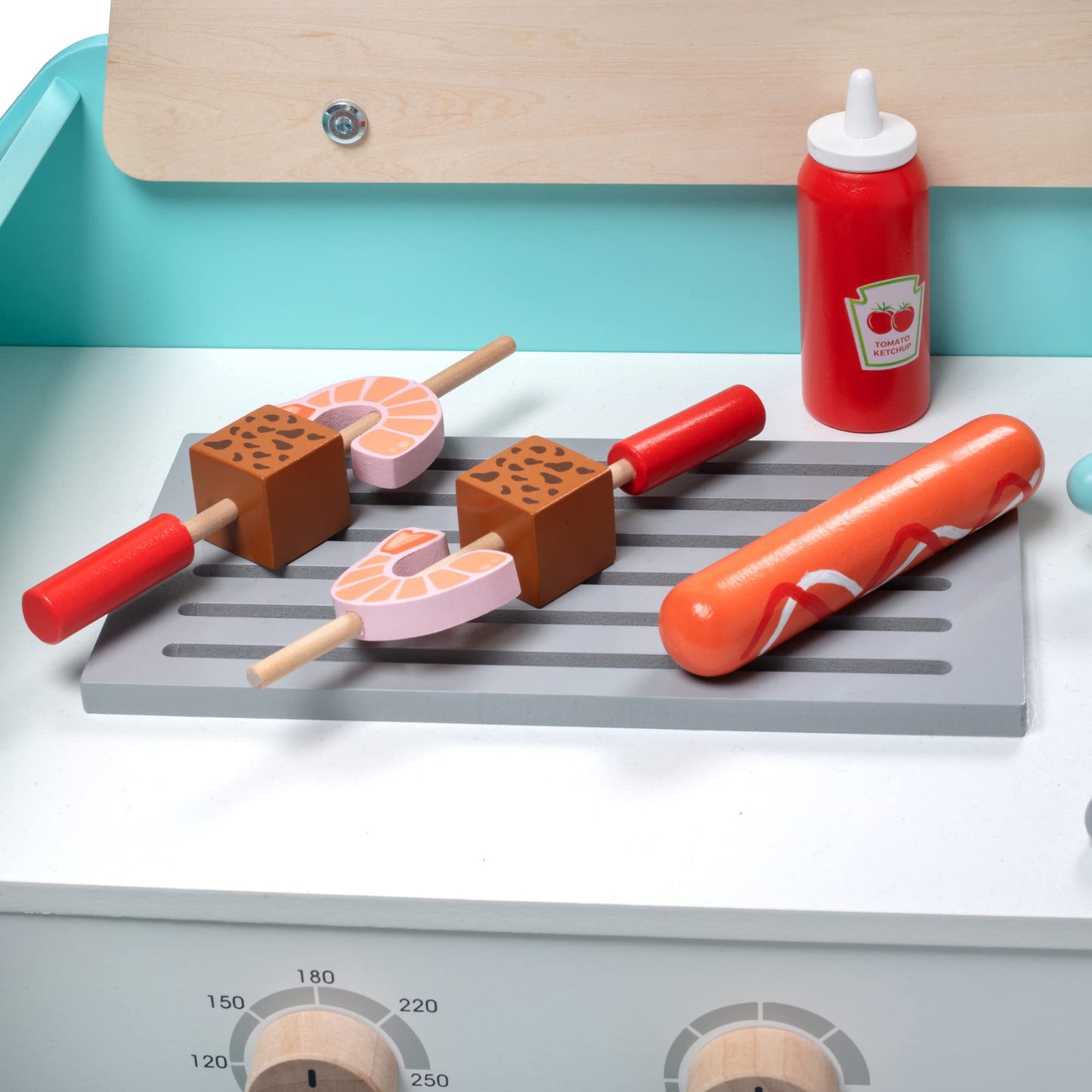 Food Truck Wooden Playset, 20 Fun Toy Pieces Including Cook Top, Steering Wheel, Sticker Sheet for Kids Name, includes Food Tray