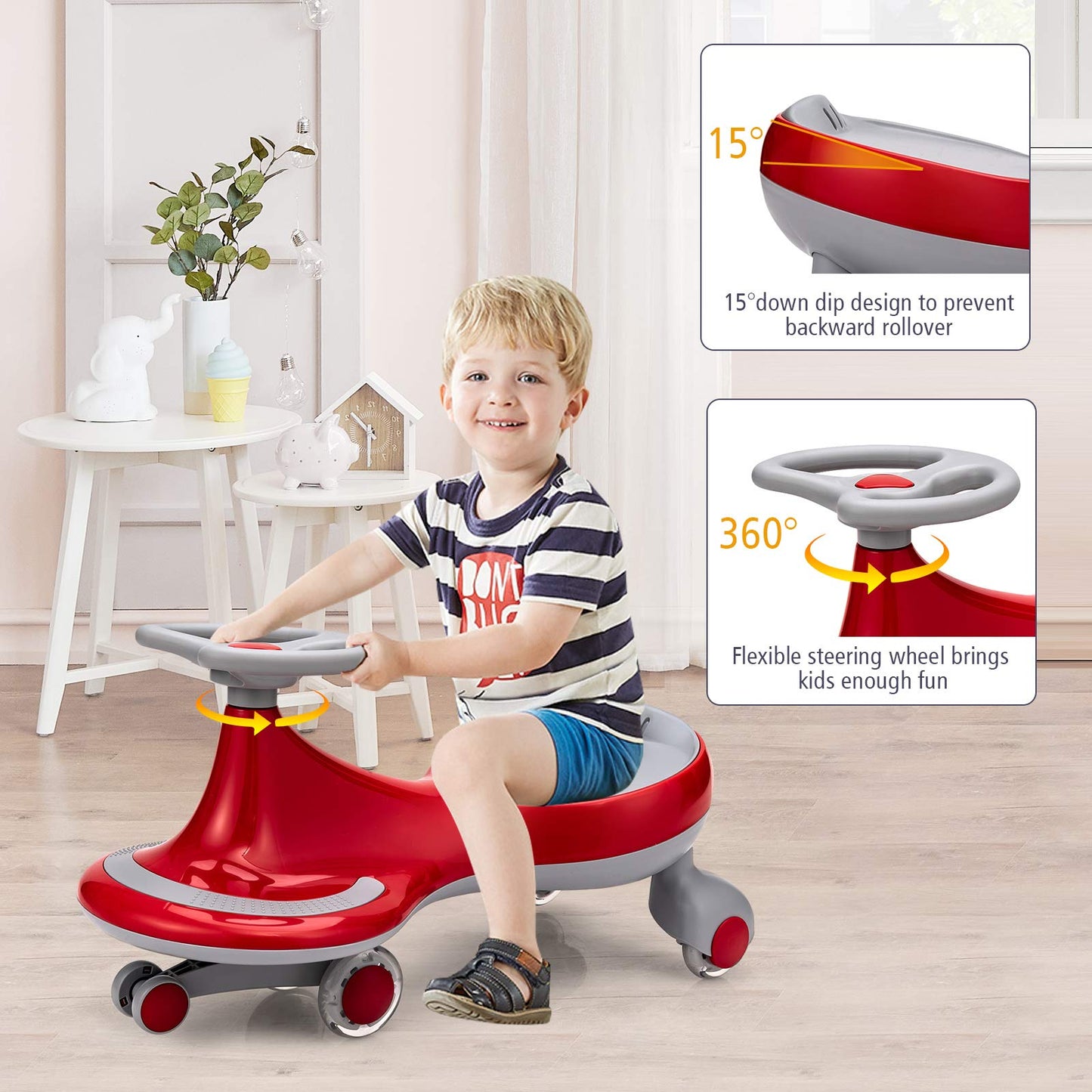 BABY JOY Wiggle Car for Kids - Red Ride-on Toy with LED Wheels, No Batteries Needed, Model LB1801, for Ages 3 and Up