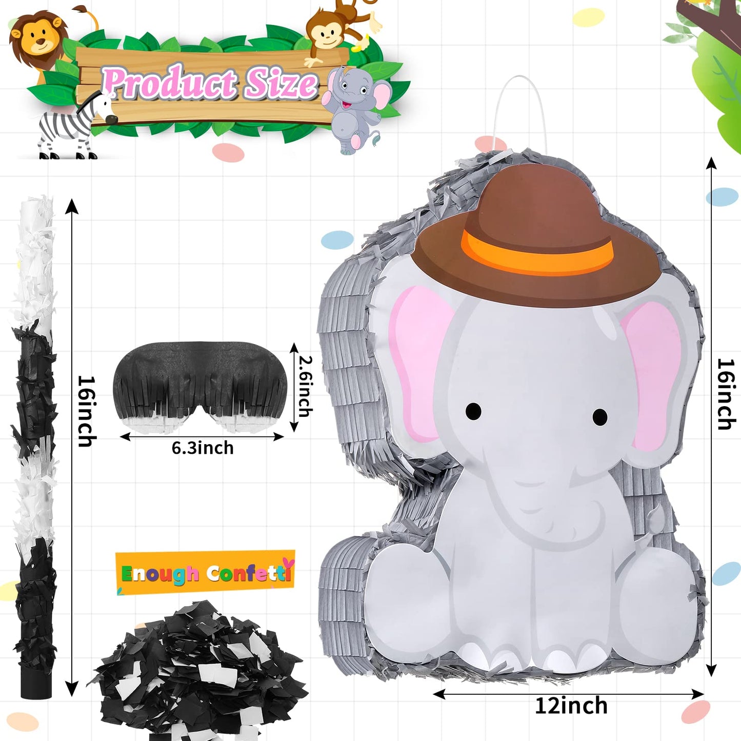 Piñata Bundle With A Blindfold And Bat (16 X 12 X 3 Inches), Cute Animal Piñata For Girls Boys Kids Birthday Party Toys Decoration For Animal Theme Birthday Party Game Supplies Photo Prop(Elephant)