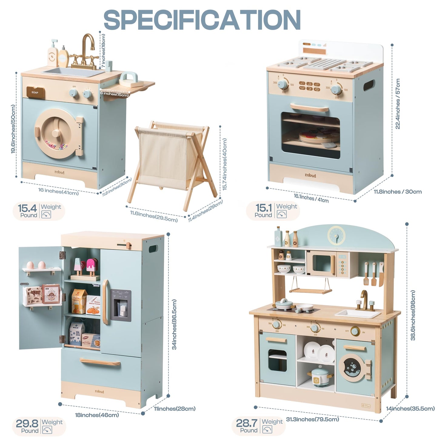 ROBOTIME Wooden Toddler & Kids Kitchen Playset, Wooden Kitchen Toy Playset with Oven, Fridge and Washing Machine, Wooden Kitchen