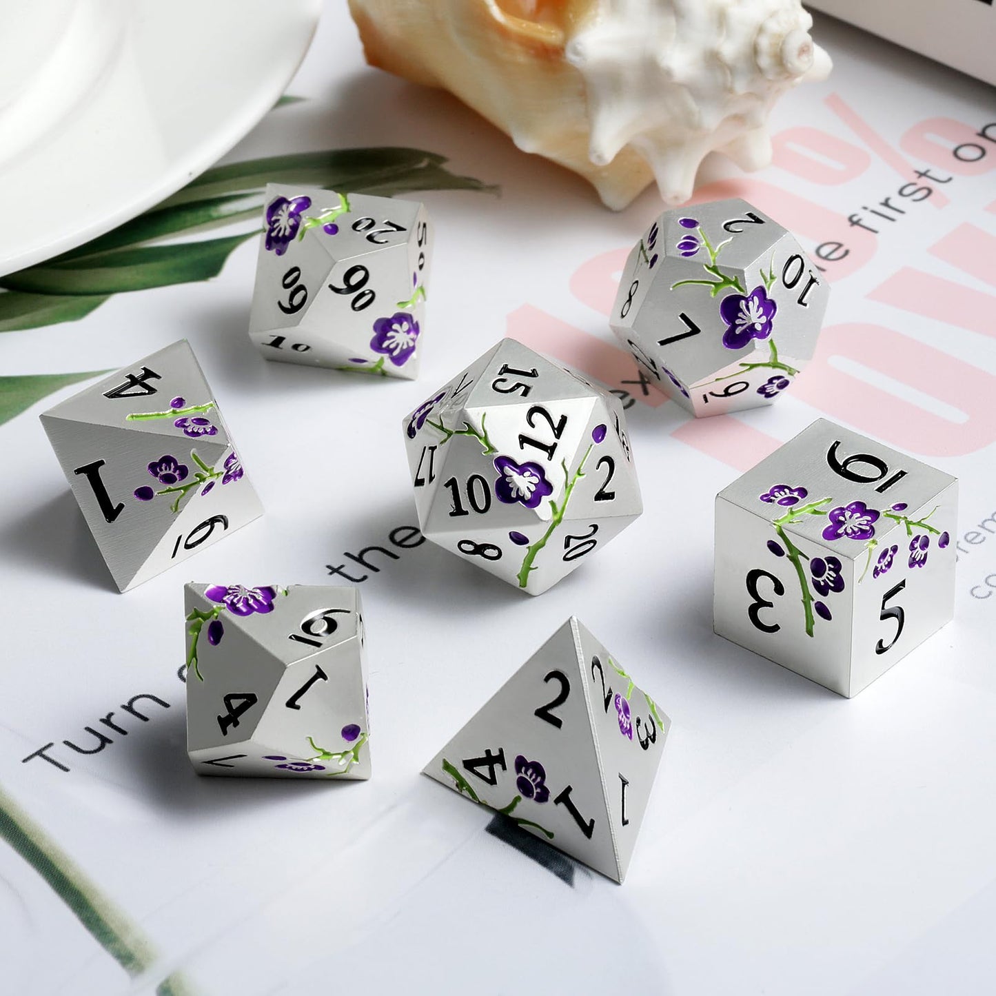 Flower Silver Metal Dice, DNDND 7 PCS Heavy Metallic D&D Dice Set with Grogeous Gift Case for Dungeons and Dragon Tabletop Game