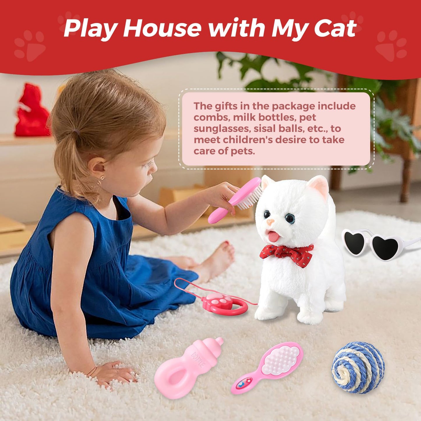 HCdoujoy Interactive Plush White Cat Robot Toy with Voice Control, Dancing & Singing Features, Model: White Bowtie Cat-HC