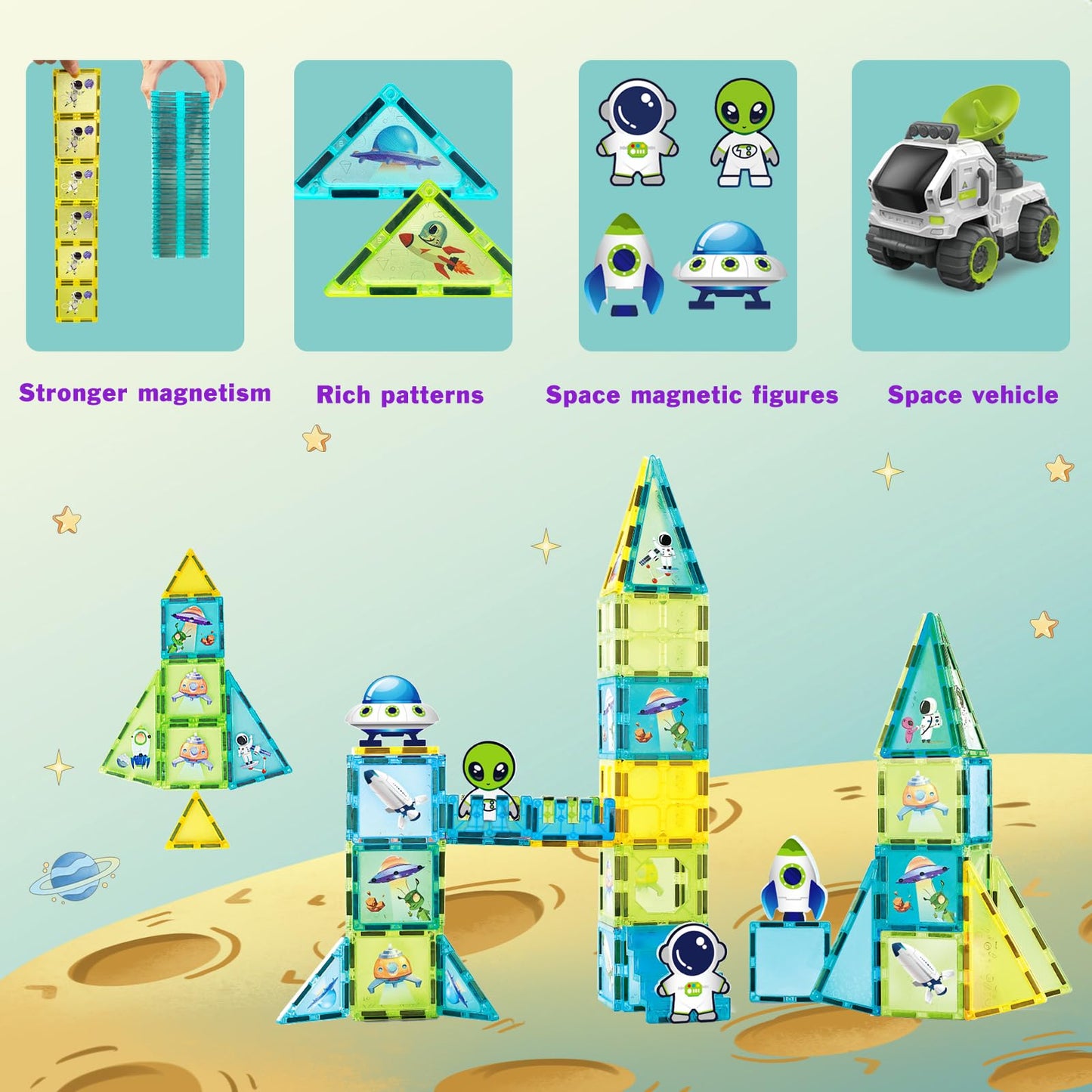 Bubuqe Space Adventure Magnetic Tiles Set Educational Magnet Tiles Building Block Toy Learning Construction Magnetic Toys Set Fo