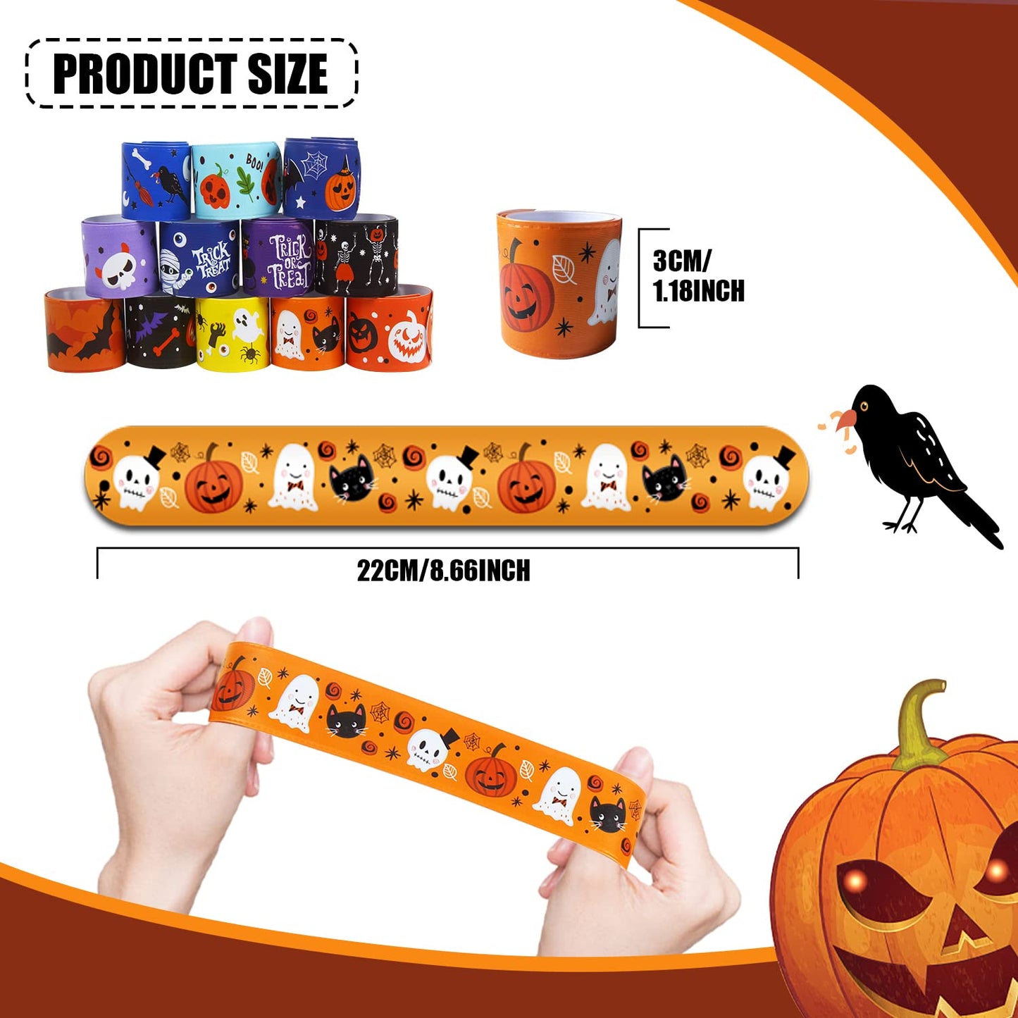 KIMOBER 48PCS Halloween Slap Bracelets,Assorted Snap Wristbands with Pumpkin Witches Ghost Skeleton for Kids Party Favors