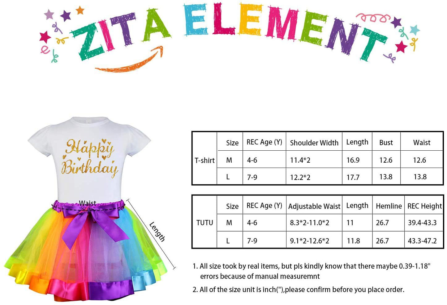 Zita Element Rainbow Clothes And Hair Accessories For American 18 Inch Girl Doll Matching Girls Outfits - 2 Cotton Shirts, 2 Rainbow Tutu Skirts And 2 Bow Hair Clips For Kid Girl Birthday Gift.