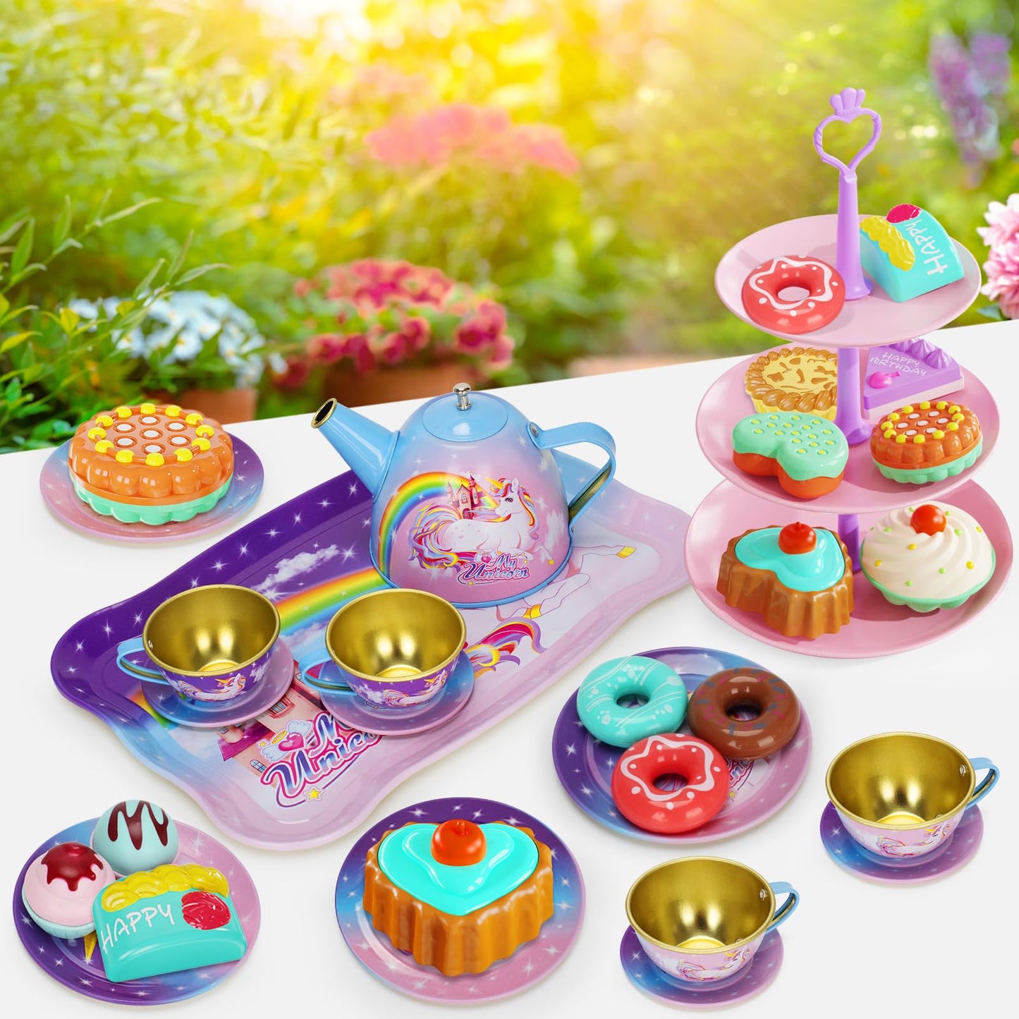 KMUYSL Tea Party Set for Little Girls, Kitchen Pretend Toy for Kids 3 4 5 6 Year Old, Girls Toys with Tin Tea Set, Desserts & Ca