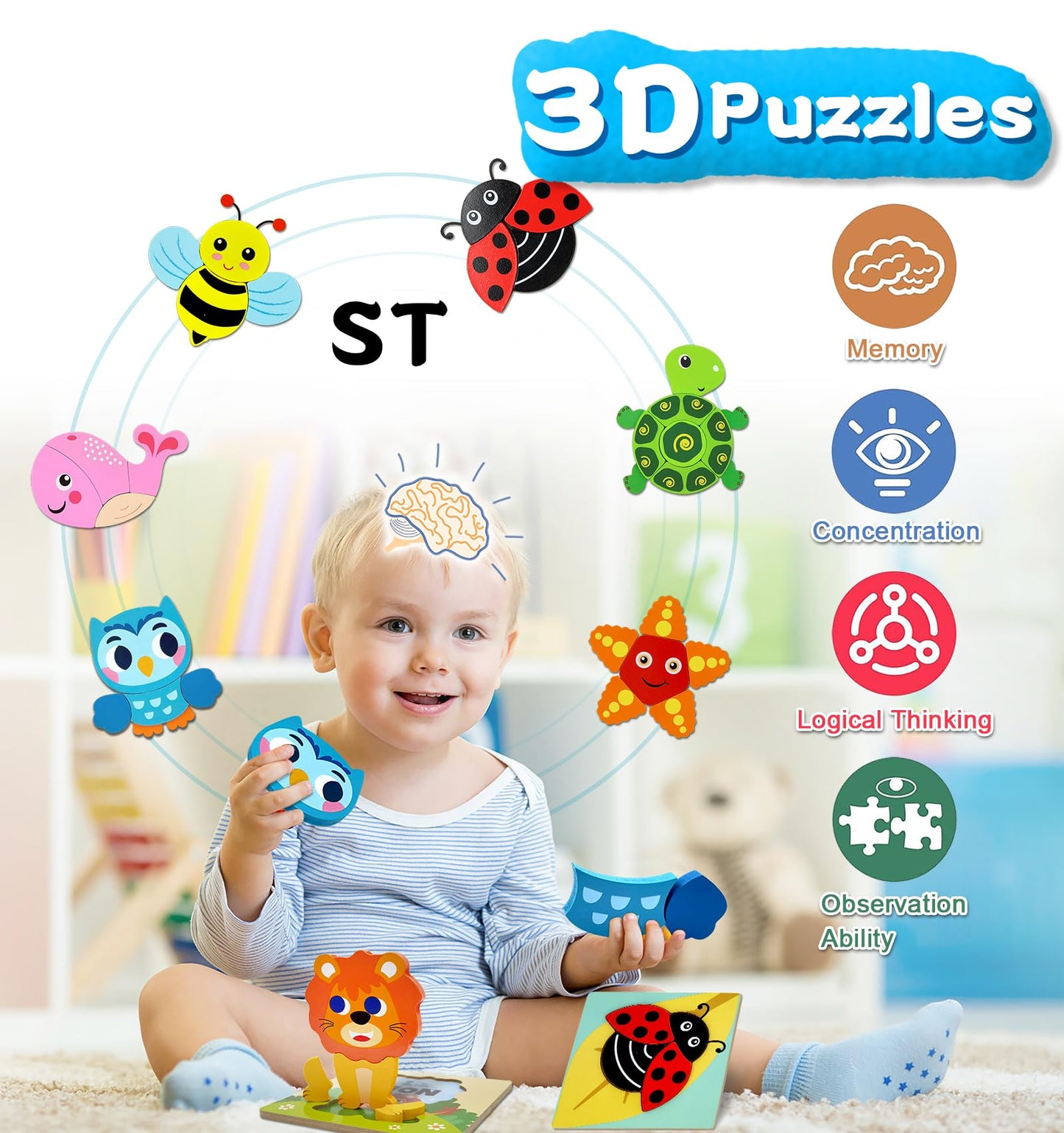 Aiziyuo Animal Wooden Puzzles, Montessori Toys For Toddlers 1-3, 8 Pack Baby Puzzle For Kids1 2 3+ Years Old, Preschoool Learnin
