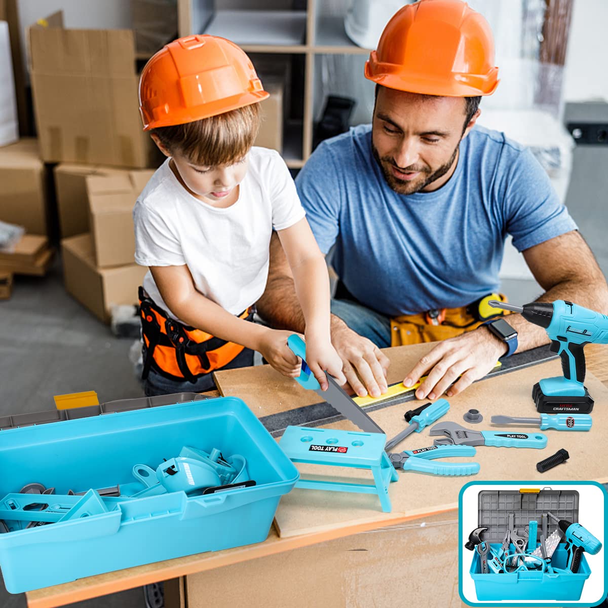 LOYO Kids Tool Set - 50 PCS Pretend Play Kids Toy Tool Box with Kids Construction Vest and Electronic Toy Drill Set for Toddlers