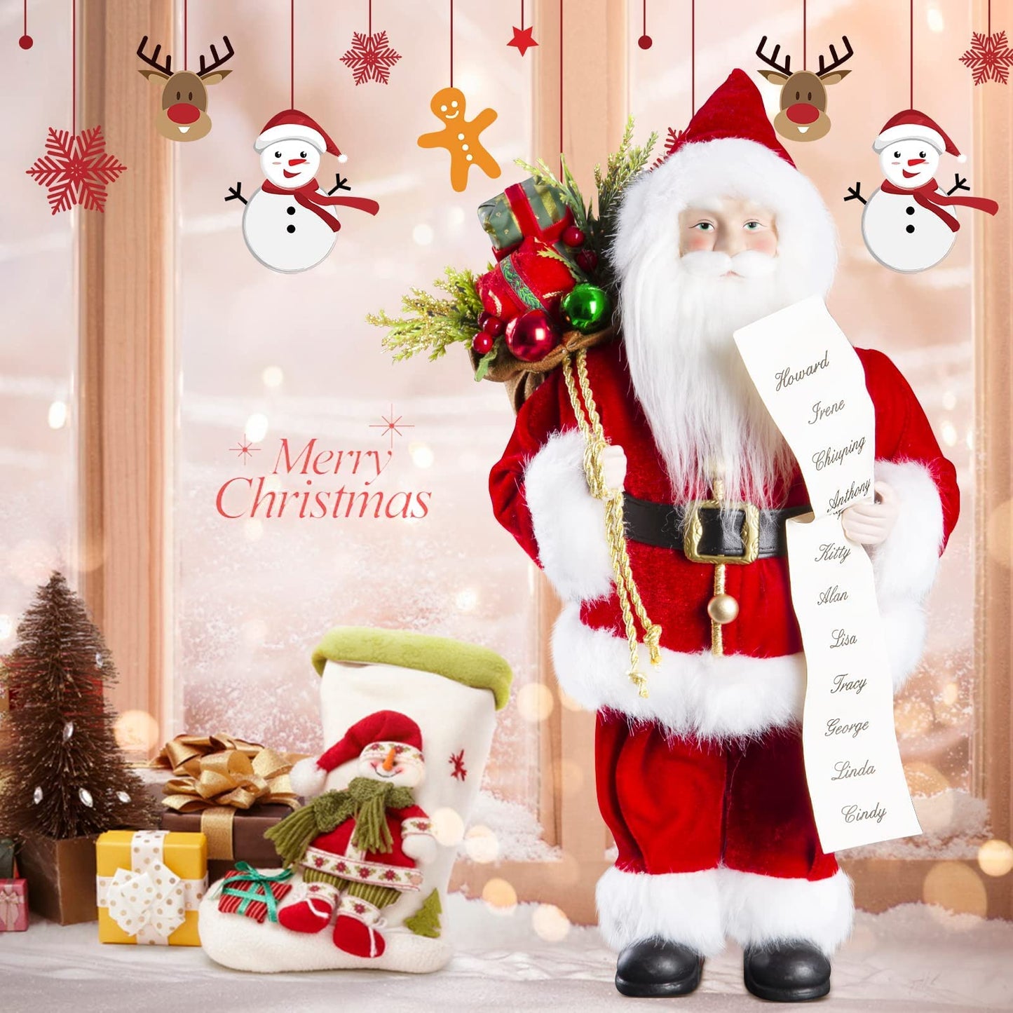 Uten 12'' Santa Claus Decorations, Christmas Standing Figurine Ornaments With Blessing Letter And Gifts Bag For New Year Christm