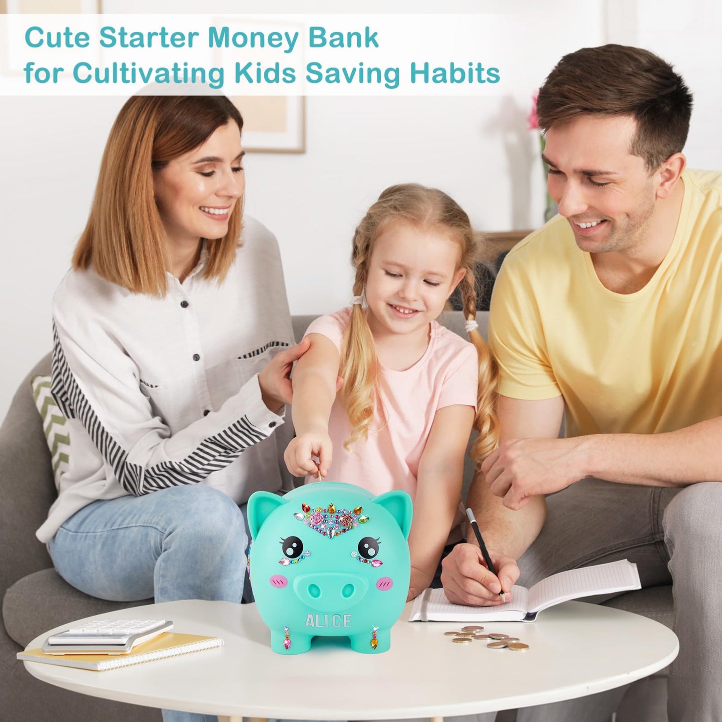 Piggy Bank Girls, Unbreakable Piggy Banks Large Money Coin Bank For Kids With Diy Stickers, For Birthday, Easter, Baby Shower, Green