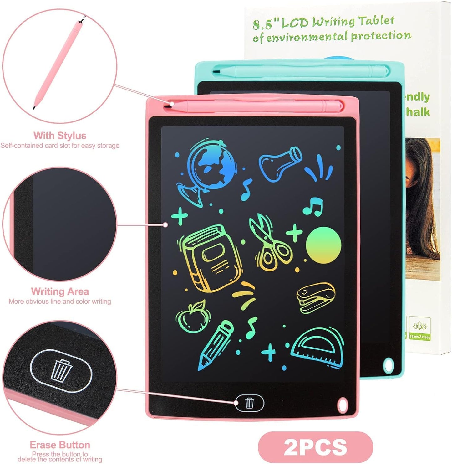 LCD Writing Tablet, 2 Packs Drawing Pads for Kids 3 4 5 6 Years Old 8.5 Inch Colorful Lines Doodle Scribble Boards Educational T