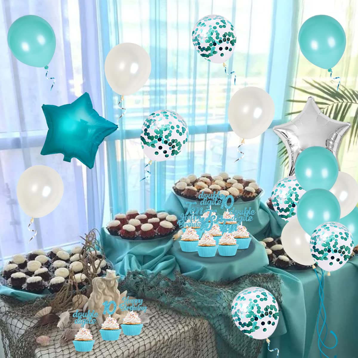 10Th Birthday Decorations For Girls Teal, Double Digits Party Supplies Turquoise Banner Cake & Cupcake Toppers Number 10 Helium