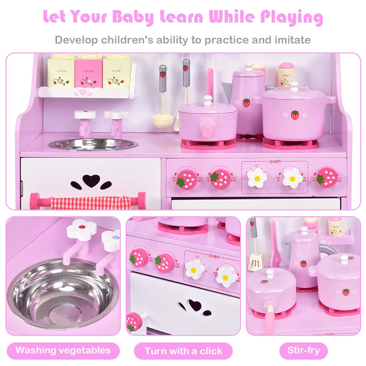 HONEY JOY Pink Kids Kitchen Playset, Wooden Pretend Play Kitchen for Toddlers, 13 Pcs Cookware Utensils, Faucet, Stove, Storage