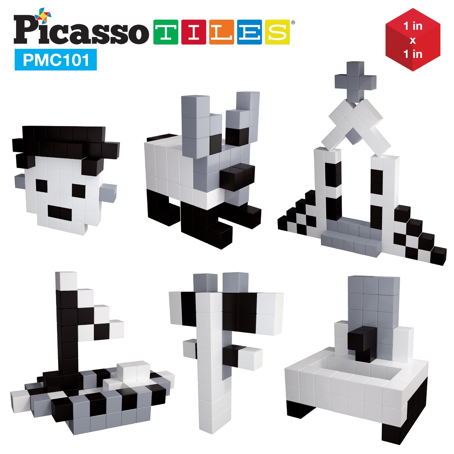 PicassoTiles 1” Magnetic Puzzle Cube Set - 101 pcs Black & White Building Blocks for STEM Learning & Sensory Play, Ages 3+