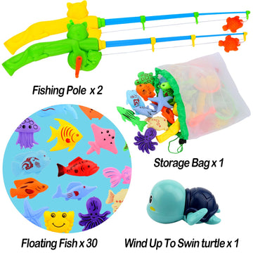 Bath Toys, Magnetic Fishing Game With 2 Poles 1 Wind Up Turtle 30 Floating Fish For Kiddie Outdoor Pool Water Table, Best Birthday Party Gifts For Baby Toddler Boys Girls Kids 1 2 3 4 Year Old