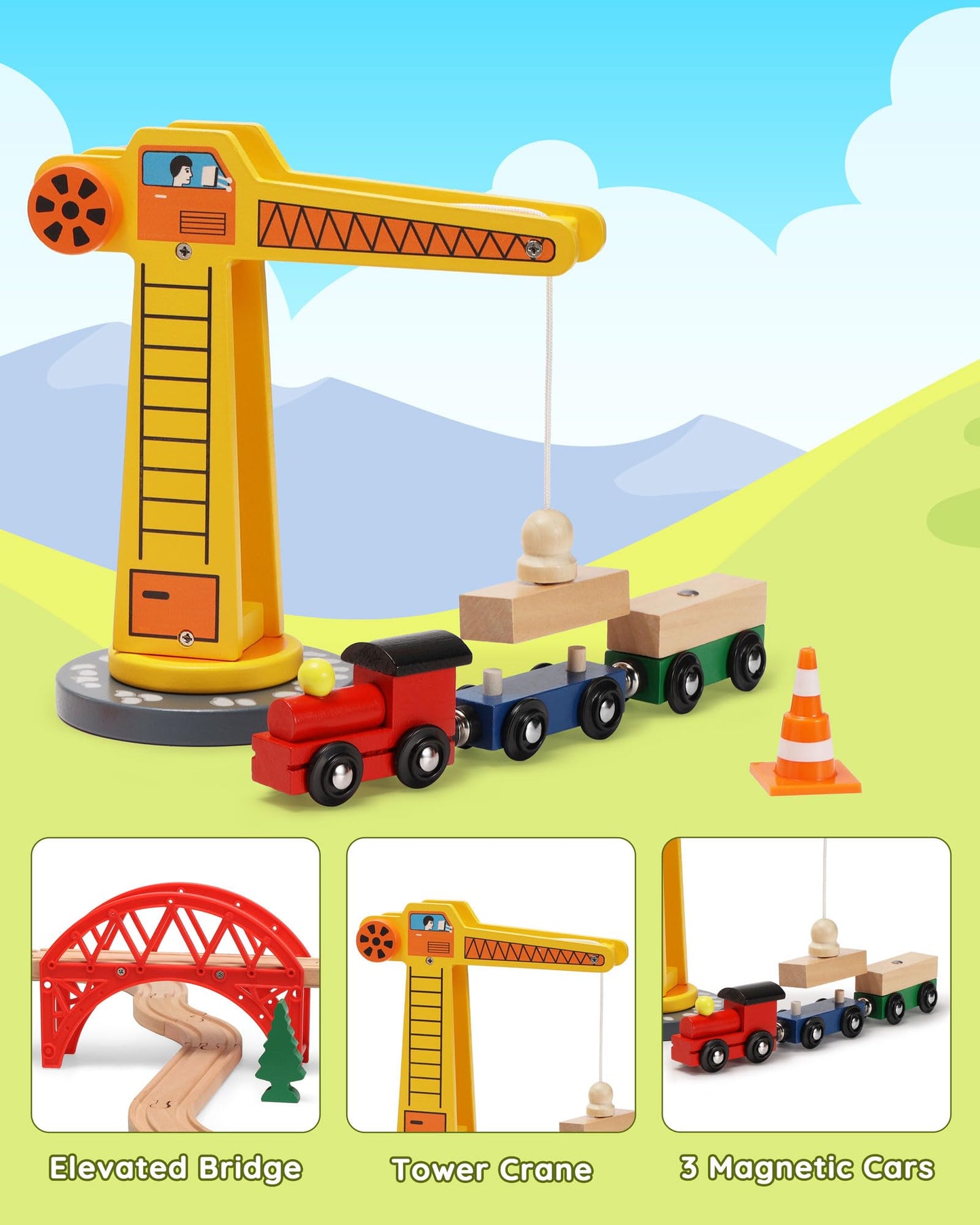 Sainsmart Jr. Wooden Train Set For Toddler, 41Pcs Wood Train Track W/Crane Fits Brio, Thomas, Melissa And Doug, Kids Wood Toy Train For Kids Ages 3+