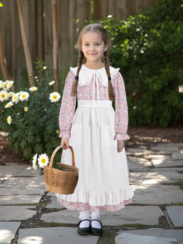 FORTMAC Prairie Dress Girls Pioneer Colonial Costume Floral 1800s Pilgrim Costume with Apron and Bonnet Pink 6-7Y