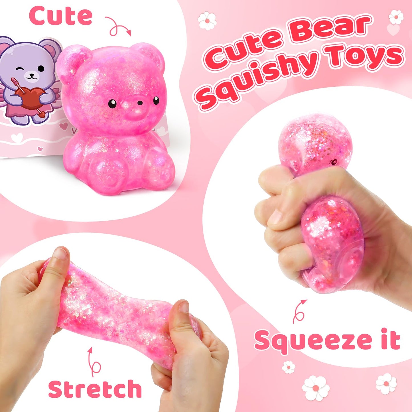 Valentines Day Cards For Kids Classroom, 24 Packs Valentine'S Day Squishy Bear Toys With Greeting Cards, Valentine Kids Party Fa