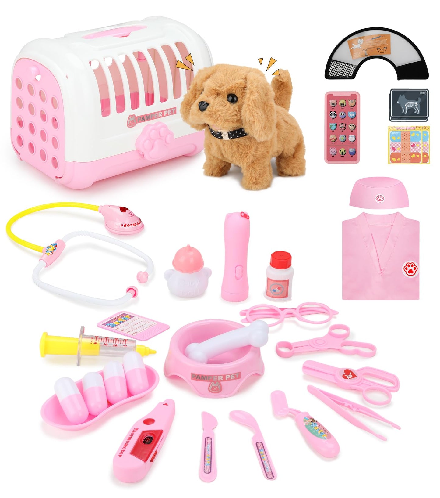 GDUNDUNL Toy Doctor Kit for Toddlers 3-5, Pink Pretend Play Girls Toys with Electronic Interactive Dog, Stethoscope & Dress Up C