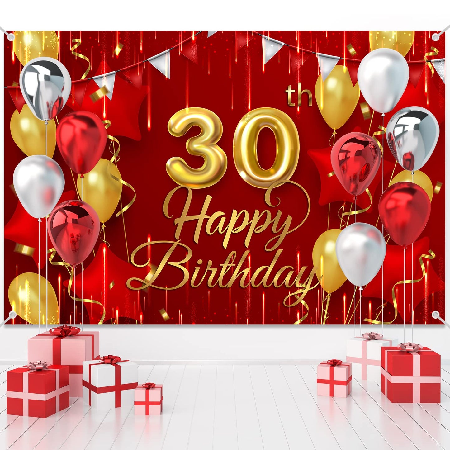 30Th Birthday Backdrop Banner Decorations Red And Gold For Women Men Happy 30 Years Old Bday Background Photography Party Decor Sign Supplies