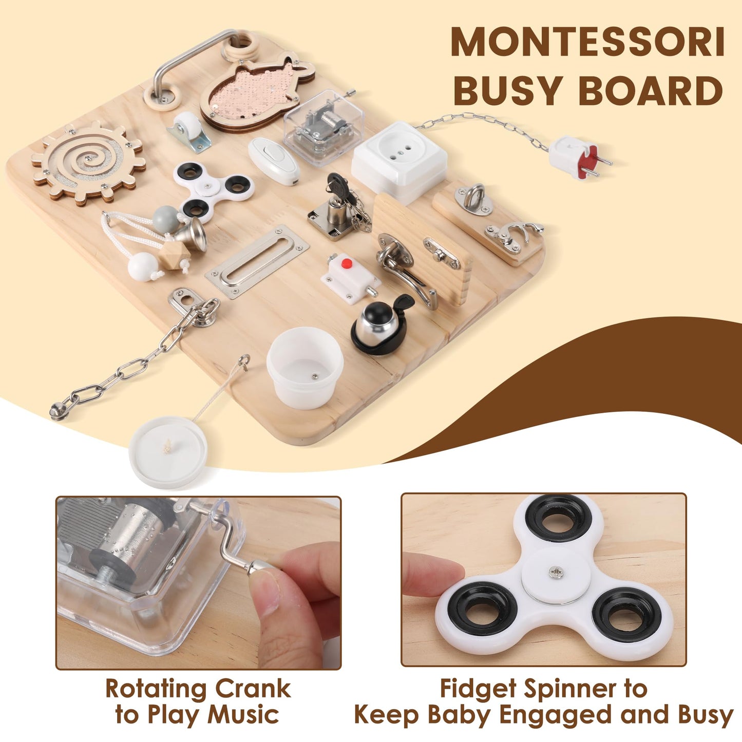 Pithfor Wooden Montessori Busy Board For 1 2 3 4 Year Old, Montessori Sensory Activity Board Toys For Kids Toddler Baby Boys Gir