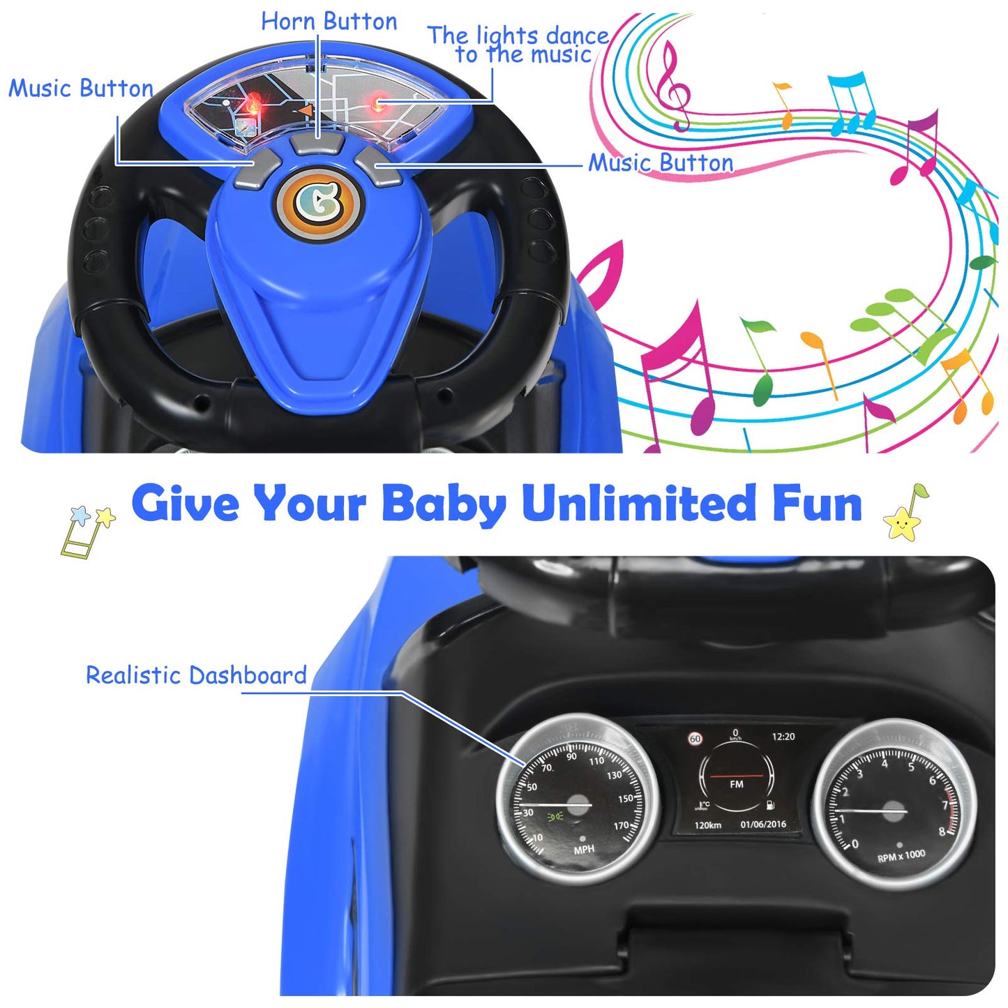 Honey Joy Ride On Push Car, Foot To Floor Ride On Sliding Car Push Handle & Detachable Guardrail, Sound & Lights, Under Seat Storage, Push Cars For Toddlers 1-3, Gift For Kids Boys Girls(Blue)
