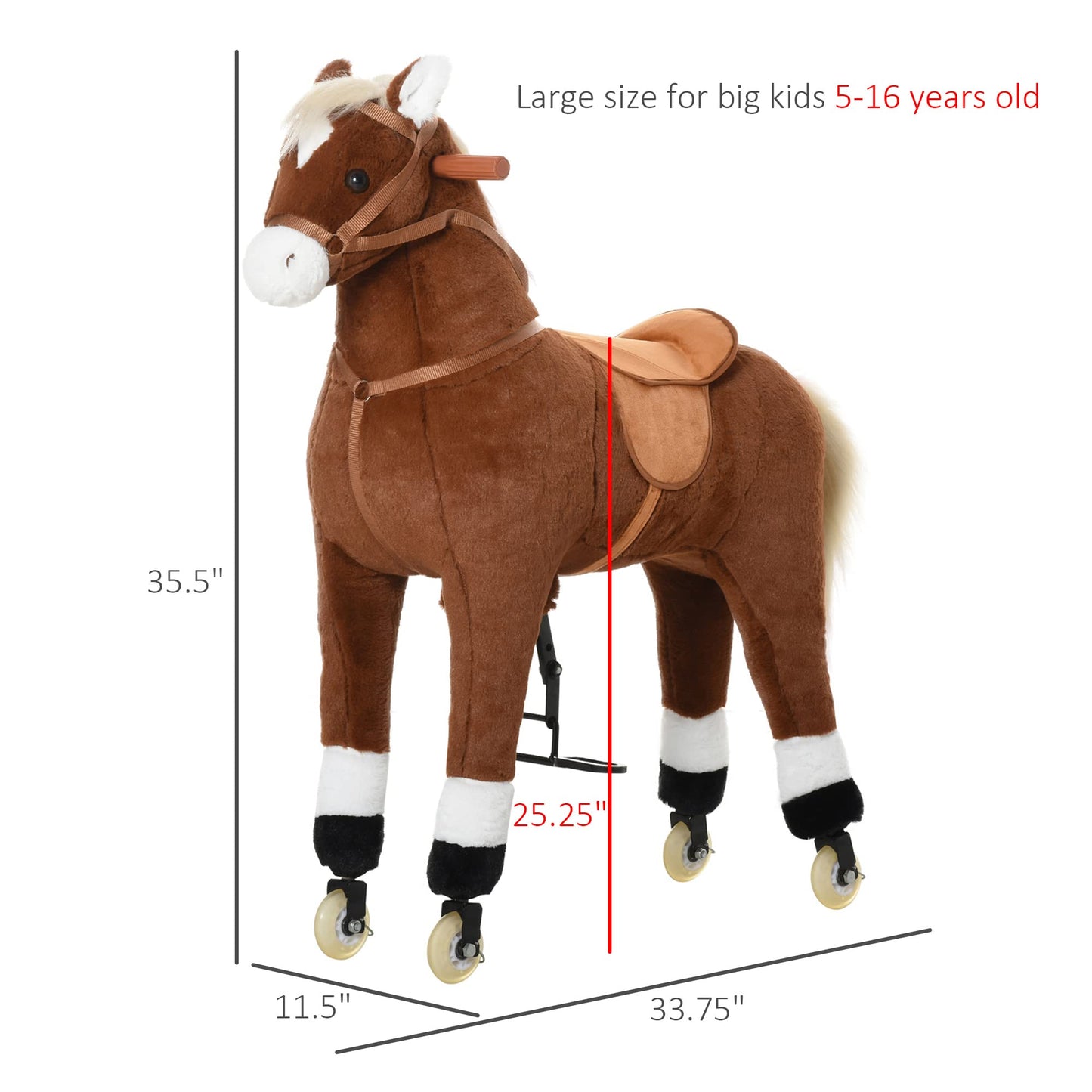 Qaba Kids Ride-On Walking Horse With Easy Rolling Wheels, Soft Huggable Body, & A Large Size For Kids 5-16 Years