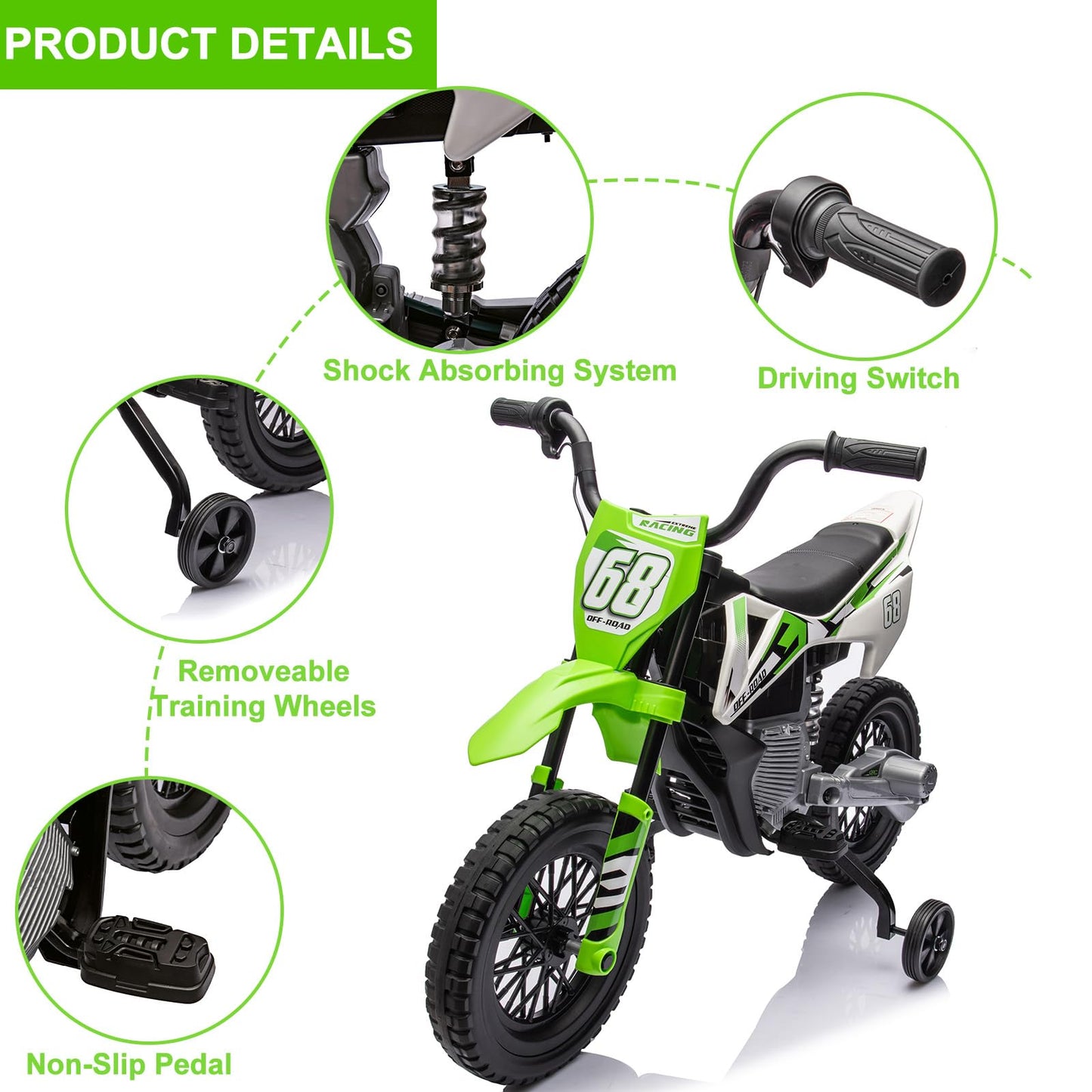 GarveeLife 12V Kids Motorcycle, Kids Electric Dirt Bike with Traning Wheels, Twist Grip Throttle, 3mph Max Speed and Music, Ride