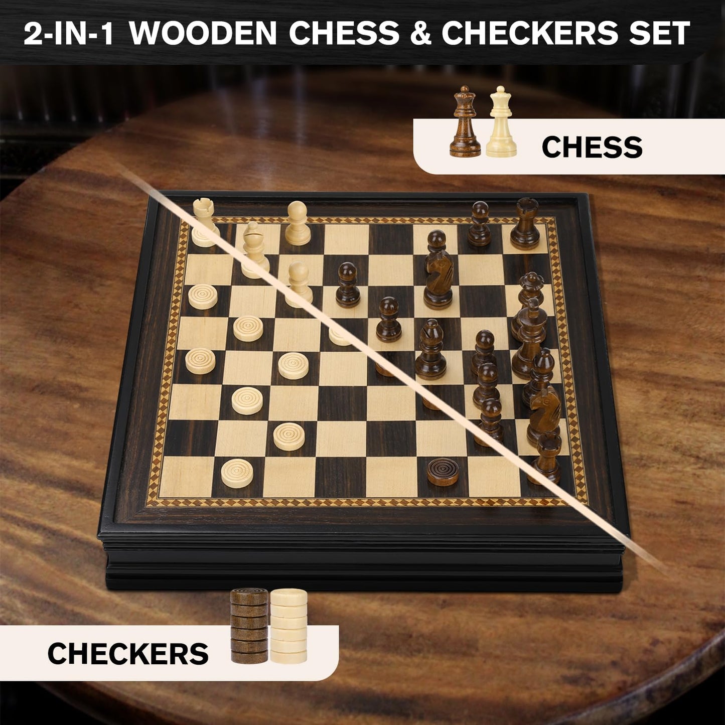 Peradix 12.8 Magnetic Chess Checkers Board Set - Ebony Wooden Game with 2 Built-in Drawers & Extra Queens for Kids & Adults