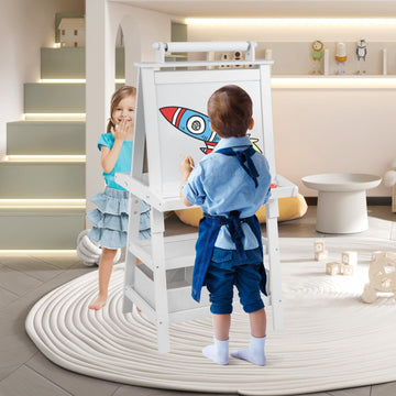 HONEY JOY Art Easel for Kids, 3-in-1 Double-Sided Wooden Toddler Easel w/Magnetic White Board & Chalkboard, Paper Roll, 2 Storag